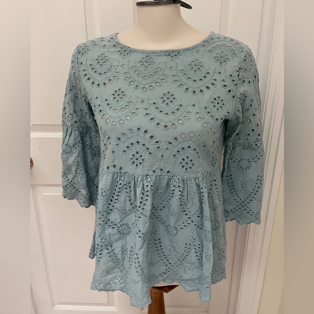 VALENTINA Naldi Peplum Eyelet Blouse 3/4 Sleeves Casual Top Blue Small